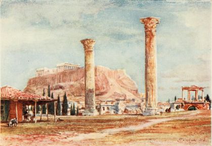 THE ACROPOLIS FROM THE SITE OF THE TEMPLE OF OLYMPIAN ZEUS  The two detached colossal columns belong to the west end of the southern peristyle of the Temple. To the right is the Arch of Hadrian. The striking form of the masses of rock, which constitute the natural defence of the Acropolis on its eastern side, shows with great effect in this drawing.