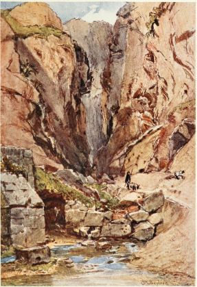 DELPHI, THE CASTALIAN GORGE AND SPRING  The scarped vertical face of rock, which may be seen above the figure of the shepherd, shows the recently excavated site of the Place for the Lustration of Pilgrims, to which the water of the Castalian spring was carried by an artificial channel in the rock. The masonry to the left of the drawing is part of a modern reservoir.