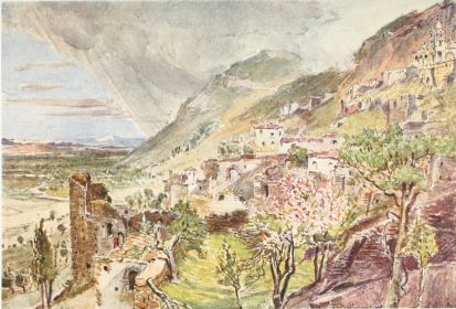 MISTRA AND THE VALLEY OF THE EUROTAS  This drawing was sketched at the residence of the Papa of the ancient metropolis church. On the higher slope of the mountain to the right is the Pantanassa Church; below, to the left, part of the mediæval defences of the town.