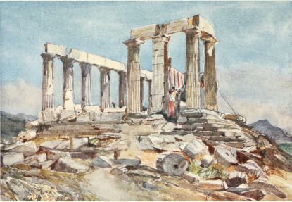 THE TEMPLE OF ATHENA AT SUNIUM (CAPE COLONNA) FROM THE NORTH  An encampment on the site of the cella of the Temple.