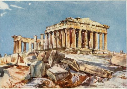 THE PARTHENON FROM THE NORTH END OF THE EASTERN PORTICO OF THE PROPYLÆA (EVENING LIGHT)  The local colour of the rocky surface of the Acropolis intensifies the long blue shadows. The effect of the golden-brown weathering of the surface of the marble on the west front of the Parthenon is faithfully given.