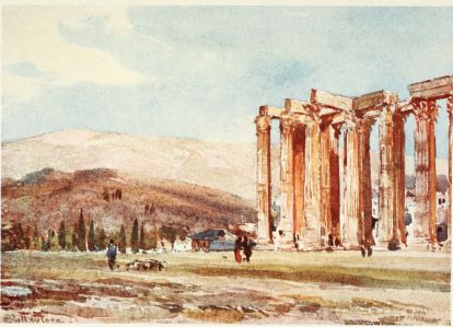 COLUMNS OF THE TEMPLE OF OLYMPIAN ZEUS FROM THE NORTH-WEST  The delicate, rosy tint is characteristic of Hymettos at sunset. The hill in front of Hymettos is Ardettos, above the Stadion. The time of year is late in June.