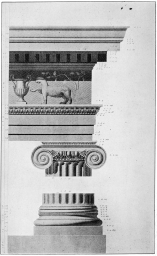 TEMPLE OF ATHENE POLIAS, PRIENE, IN ASIA MINOR, SOUTH OF EPHESUS.  (From “Antiquities of Ionia,” published by the Dilettanti Society.)