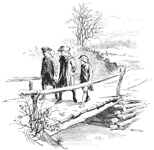 Master Rouse, Captain Haskell, and Benjamin walking on bridge