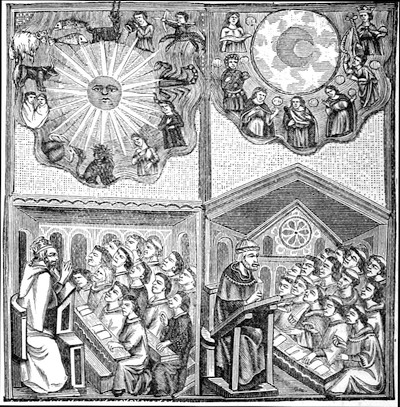 Two pictures of Saints(?) preaching to monks below images of day and night sky