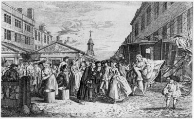 A Fleet Wedding  From the picture by Hogarth  The Fleet Prison was a popular place for clandestine marriages in the seventeenth century, and the Fleet parsons, so-called, did a thriving business. Two thousand marriages were performed within a few years by one of the parsons entitled the “Bishop of Hell,” who was, like most of them, merely a layman assuming cassock and gown. Bridegrooms were kept on hand for emergency, and a “plyer” stood outside soliciting business for his employer, the “parson.”