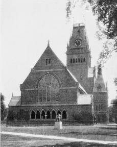 STATUE OF JOHN HARVARD AND MEMORIAL HALL, HARVARD COLLEGE.