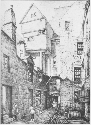 Foot of Brodie’s Close, Cowgate.  (From a Drawing by Bruce J. Home.)