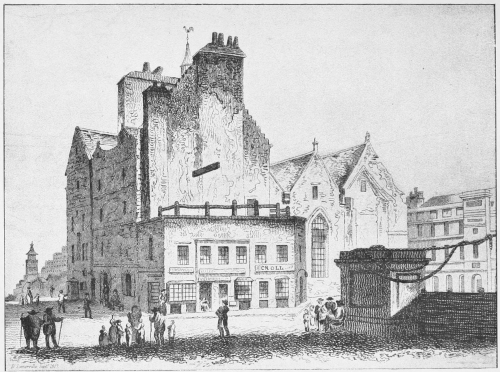 The Old Tolbooth of Edinburgh, showing the beam upon which criminals were executed.  (From a Drawing by D. Somerville.)