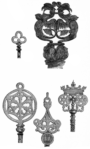 SPECIMENS OF ORNAMENTAL KEY HANDLES, REPRODUCED, BY PERMISSION, FROM ‘THE BUILDER.’