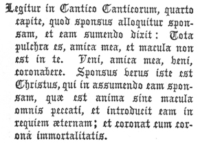   Legitur in Cantico Canticorum, quarto  capite, quod sponsus alloquitur sponsam,  et eam sumendo dixit: Tota  pulchra es, amica mea, et macula non  est in te. Veni, amica mea, veni,  coronabere. Sponsus verus iste est  Christus, qui in assumendo eam sponsam,  quæ est anima sine macula  omnis peccati, et introducit eam in  requiem æternam; et coronat cum corona  immortalitatis.