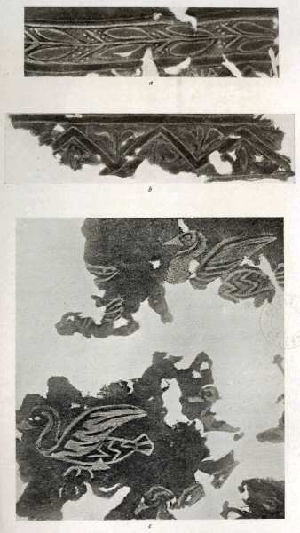 Illustration: (a and b) Fragments of a Sarcophagus Cover from             Kertch. (c) Embroidered Fragment from Kertch.