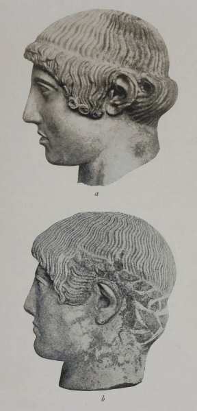 Illustration: (a) Head of Apollo from the Temple of             Zeus, at Olympia. (b) Head of an Athlete—Athens Acropolis             Museum.