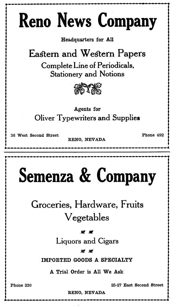 Reno News Company and  Semenza & Company's ads