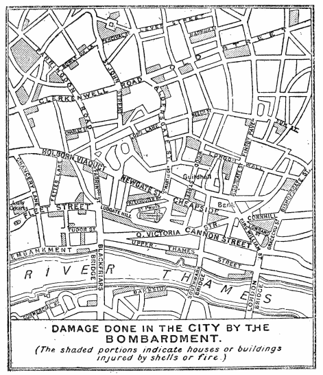 Image unavailable: DAMAGE DONE in the CITY by the BOMBARDMENT.  (The shaded portions indicate houses or buildings injured by shells or fire.)