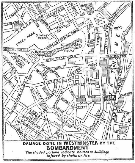 Image unavailable: damage done in WESTMINSTER by the BOMBARDMENT.  The shaded portions indicate houses or buildings injured by shells or fire.