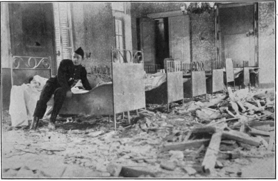 [Image unavailable: A MALINES RED-CROSS WARD WHICH WAS SHELLED BY THE GERMANS.  Photo, Sport and General.  Face p. 109.