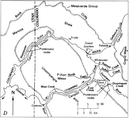 D, present drainage pattern after additional uplift and piracy of East Creek.