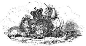 A lion and a unicorn seem to be fighting over the royal crest; the White Tower of the Tower of London in the background.