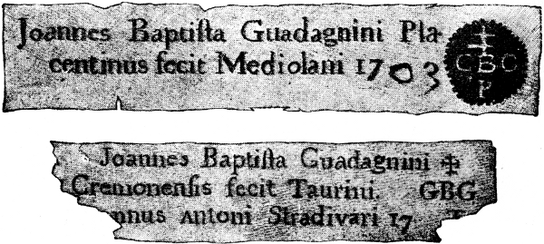 Joannes Baptista Guadagnini Pla-|centinus fecit Mediolani 1703 {trademark: seal containing cross GBG P} Joannes Baptista Guadagnini {trademark: cross GBG (incomplete)} Crenionensis fecit Taurini. {missing}nnus Antoni Stradivari 17