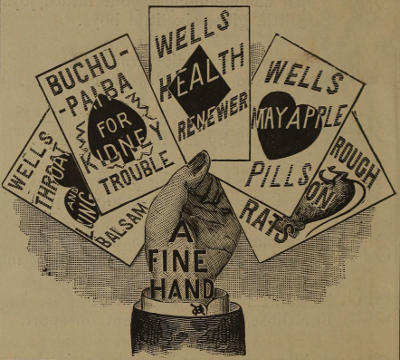 Hand holding playing cards marked WELLS THROAT AND LUNG BALSAM, BUCHU-PAIBA FOR KIDNEY TROUBLE, WELLS HEALTH RENEWER, WELLS MAY APPLE PILLS, ROUGH ON RATS. Advert text: A FINE HAND.