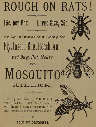 Advert text: ROUGH ON RATS! 15c. per Box. Large Size, 25c. An Economical and Complete Fly, Insect, Bug, Roach, Ant Bed-Bug, Rat, Mouse AND Mosquito KILLER. A 15 cent box of “ROUGH ON RATS,” used as directed, will keep a house free from flies and mosquitoes the entire season. SOLD BY DRUGGISTS.