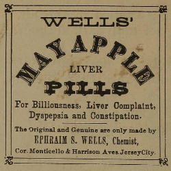 Advert text: WELLS’ MAY APPLE LIVER PILLS For Biliousness, Liver Complaint, Dyspepsia and Constipation. The Original and Genuine are only made by EPHRAIM S. WELLS, Chemist, Cor. Monticello & Harrison Aves. Jersey City.