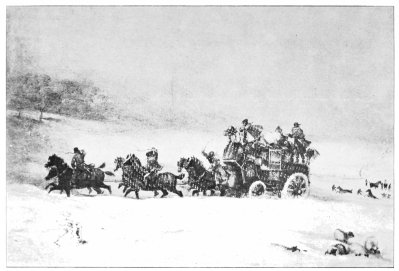 Image unavailable: THE GREAT SNOWSTORM OF 1836; THE EXETER ‘TELEGRAPH,’ ASSISTED BY POST-HORSES, DRIVING THROUGH THE SNOW-DRIFTS AT AMESBURY (AFTER JAMES POLLARD).