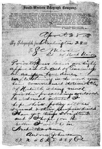 Image unavailable: [Telegram from Andrew Johnson, Military Governor of Tennessee, to S. C. Mercer, Editor of the “Nashville Daily Union.”