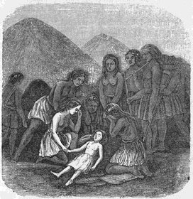 Olive and an Indian woman grieving over Mary Ann's body as other Indians look on