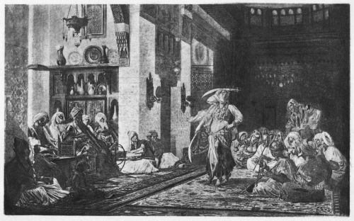 Sword Dance in a Café  Photogravure from the original painting by Jean Léon Gérôme, exhibited in the Paris Salon, 1888  This fine picture is a thoroughly characteristic specimen of the work of the most popular of modern French artists. Oriental subjects especially attracted him, as he had an eye for striking figures and brilliant colors. He died January 10, 1904.