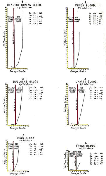 1 Healthy Human Blood. 2 Pike's Blood. 3 Bullock's Blood. 4 Lamb's Blood. 5 Pig's Blood. 6 Frog's Blood.