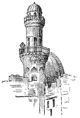 THE MUʾAZZIN CALLING THE AẔĀN FROM A MINARET. (A. F. Hole.)