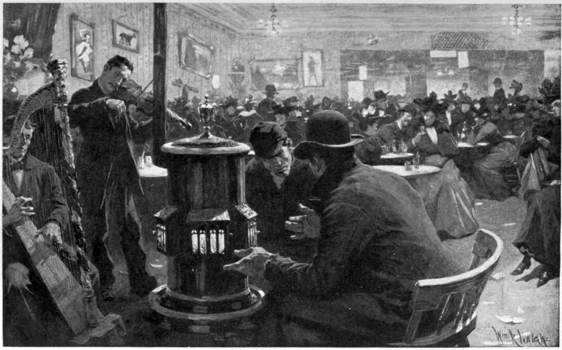 A room full of men and women sitting a tables. In the foreground there are two musicians and two men huddled around a heater.