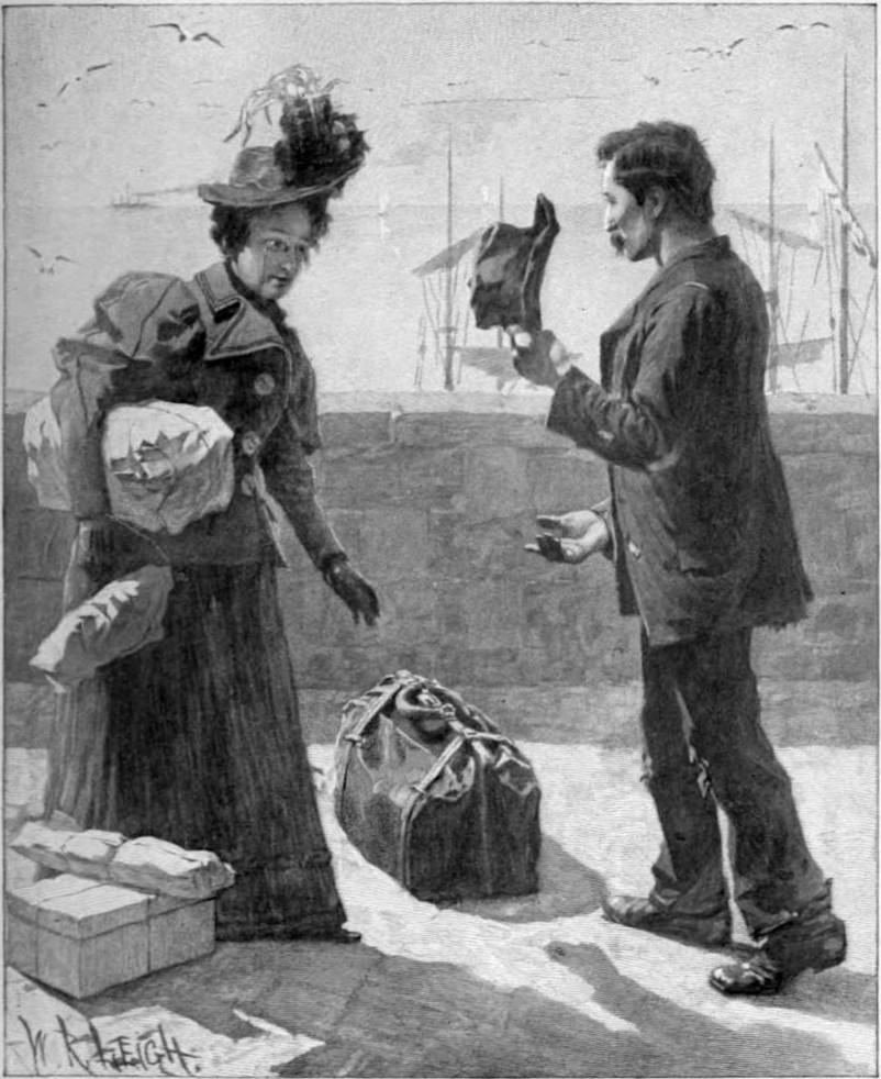 A poorly dressed man is tipping his hat to a well dressed woman with many packages. A sailing ship is visible in the background.