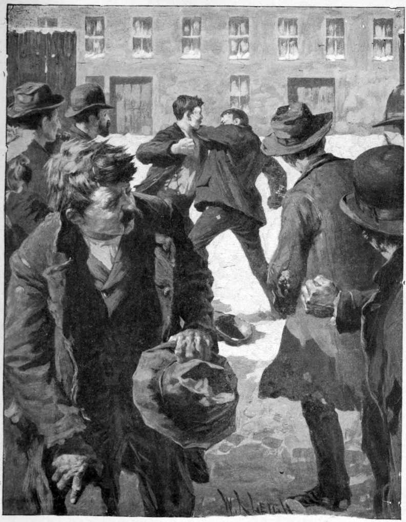 Two men are fighting out of doors while several other men watch on. They are all shabbily dressed.