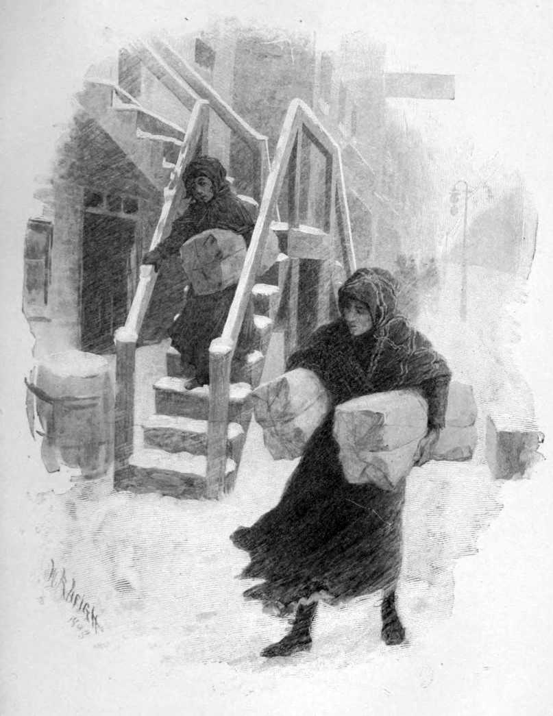 A cold winter scene. Two women carry large bundles under their arms with one coming down a set of stairs.