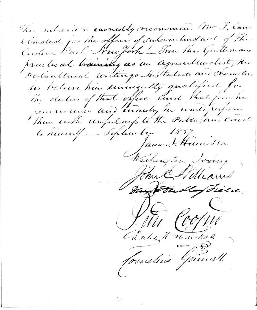 Facsimile of Petition to Secure Appointment of Mr. Olmsted as Superintendent of Central Park, 1857