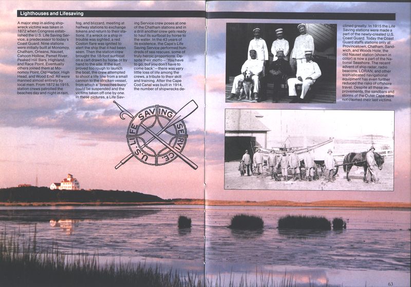 (Crew at the Chatham station.   Hauling the boat by horse to the water.   Logo of U.S. Life Saving Service. View of a station.)