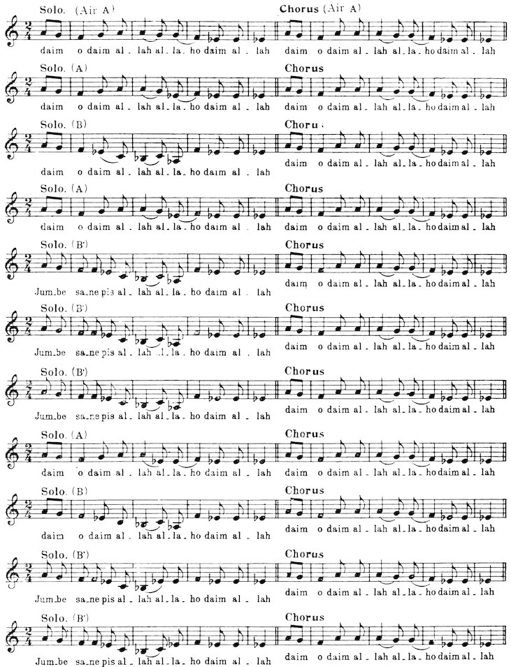 Solo. (Air A)                                  Chorus (Air A) daim o daim al-lah al-la-ho daim al-lah        daim o daim al-lah al-la-ho daim al-lah Solo. (A)                                      Chorus daim o daim al-lah al-la-ho daim al-lah        daim o daim al-lah al-la-ho daim al-lah Solo. (B)                                      Chorus daim o daim al-lah al-la-ho daim al-lah        daim o daim al-lah al-la-ho daim al-lah Solo. (A)                                      Chorus daim o daim al-lah al-la-ho daim al-lah        daim o daim al-lah al-la-ho daim al-lah Solo. (B’)                                     Chorus Jum-be sa-ne pis al-lah al-la-ho daim al-lah   daim o daim al-lah al-la-ho daim al-lah Solo. (B’)                                     Chorus Jum-be sa-ne pis al-lah al-la-ho daim al-lah   daim o daim al-lah al-la-ho daim al-lah Solo. (B’)                                     Chorus Jum-be sa-ne pis al-lah al-la-ho daim al-lah   daim o daim al-lah al-la-ho daim al-lah Solo. (A)                                      Chorus daim  o daim al-lah al-la-ho daim al-lah       daim o daim al-lah al-la-ho daim al-lah Solo. (B)                                      Chorus daim  o daim al-lah al-la-ho daim al-lah       daim o daim al-lah al-la-ho daim al-lah Solo. (B’)                                     Chorus Jum-be sa-ne pis al-lah al-la-ho daim al-lah   daim o daim al-lah al-la-ho daim al-lah Solo. (B’)                                     Chorus Jum-be sa-ne pis al-lah al-la-ho daim al-lah   daim o daim al-lah al-la-ho daim al-lah