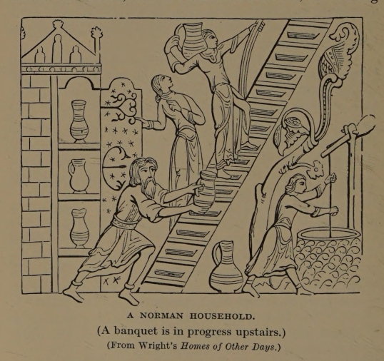 A NORMAN HOUSEHOLD. (A banquet is in progress upstairs.) (From Wright's <i>Homes of Other Days</i>.)