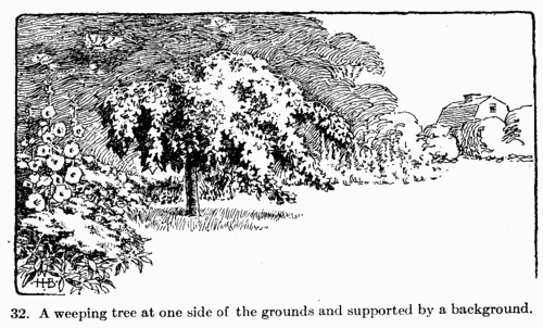 [Illustration: Fig 32. A weeping tree at one side of the grounds and supported by a background.]