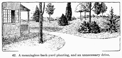 [Illustration: Fig. 42. A meaningless back-yard planting, and an unnecessary drive.]