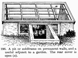 [Illustration: Fig. 196. A pit or coldframe on permanent walls, and a useful adjunct to a garden. The rear cover is open (_a_).]