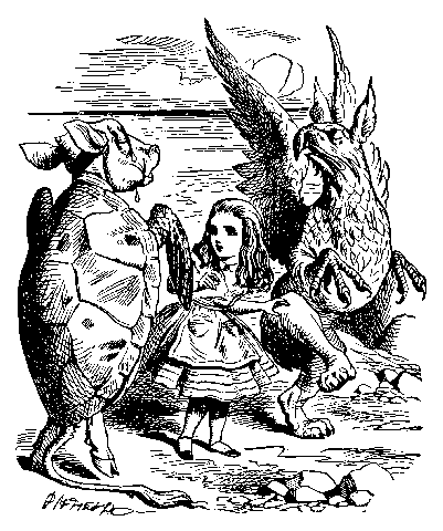 Mock Turtle and Gryphon demonstrating the Lobster Quadrille to Alice