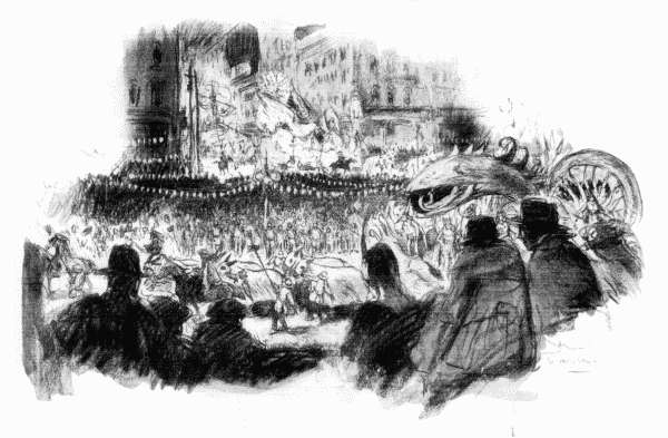 Passing between the brilliantly illuminated buildings, under festoons of electric lights the Mardi Gras parades, with
their floats, their bands, their torch-bearers, their masked figures, are glorious sights for children from eight
to eighty years of age