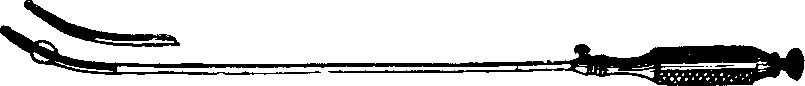 Illustration:
Fig. 4. WHITE'S HYSTEROTOME.  In operating, this instrument is introduced
into the canal of the neck of the womb, when a thumb screw in the end of
the handle is turned, by which a small blade is thrown out from each side,
and as the instrument is withdrawn from the canal an incision is made on
each side, thus enlarging the passage. The upper figure illustrates the
instrument closed, ready for introduction; the lower one, with the blades
projected for cutting.