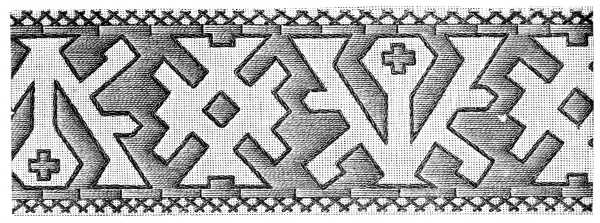 FIG. 210. BORDER IN GOBELIN STITCH.
MATERIALS: Coton à broder D.M.C No. 35 in two different colours such as:
Bleu-Indigo 312 and Rouge-Cardinal 304, Rouge-Grenat 358 and 309 or,
Gris-Tilleul 393 and Rouge-Cardinal 305.[A