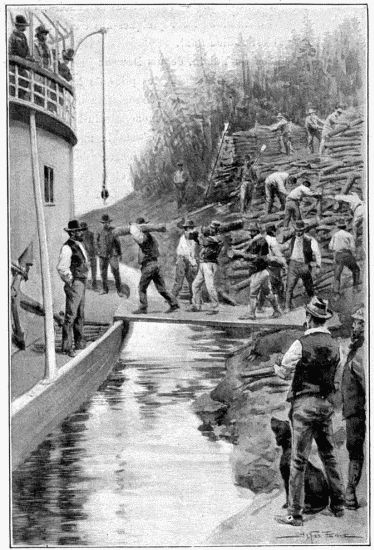 CHARGEMENT DU BOIS SUR LES RIVES DU YUKON. DESSIN D'A.
PARIS, D'APRS LE CROQUIS DE L'AUTEUR.