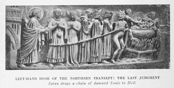 LEFT-HAND DOOR OF THE NORTHERN TRANSEPT: THE LAST JUDGMENT
Satan drags a chain of damned Souls to Hell.